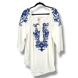 NEW Cremieux Embroidered‎ Tunic Top Bohemian Peasant Blouse White Blue M